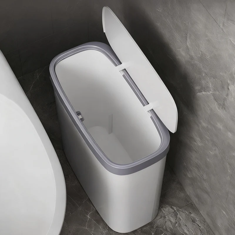 Narrow plastic trash can for bathroom and kitchen