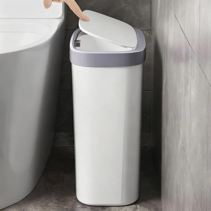 Narrow plastic trash can for bathroom and kitchen