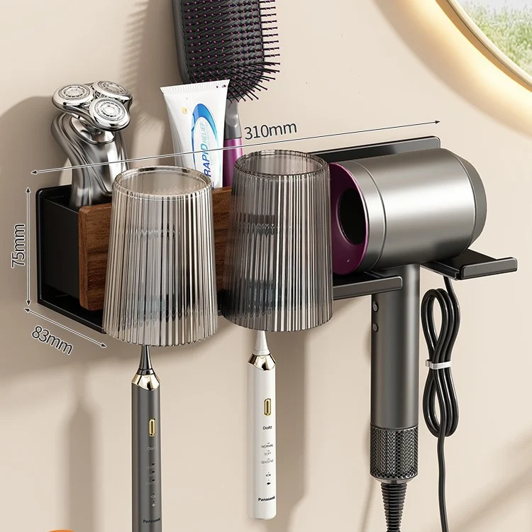Toothbrush holder with hairdryer holder, wall-mounted