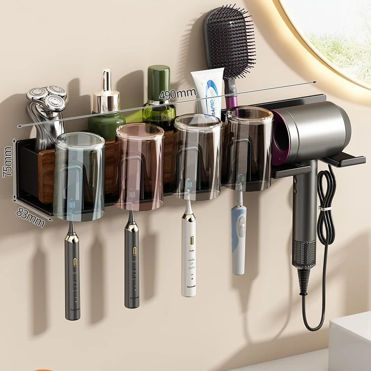Toothbrush holder with hairdryer holder, wall-mounted