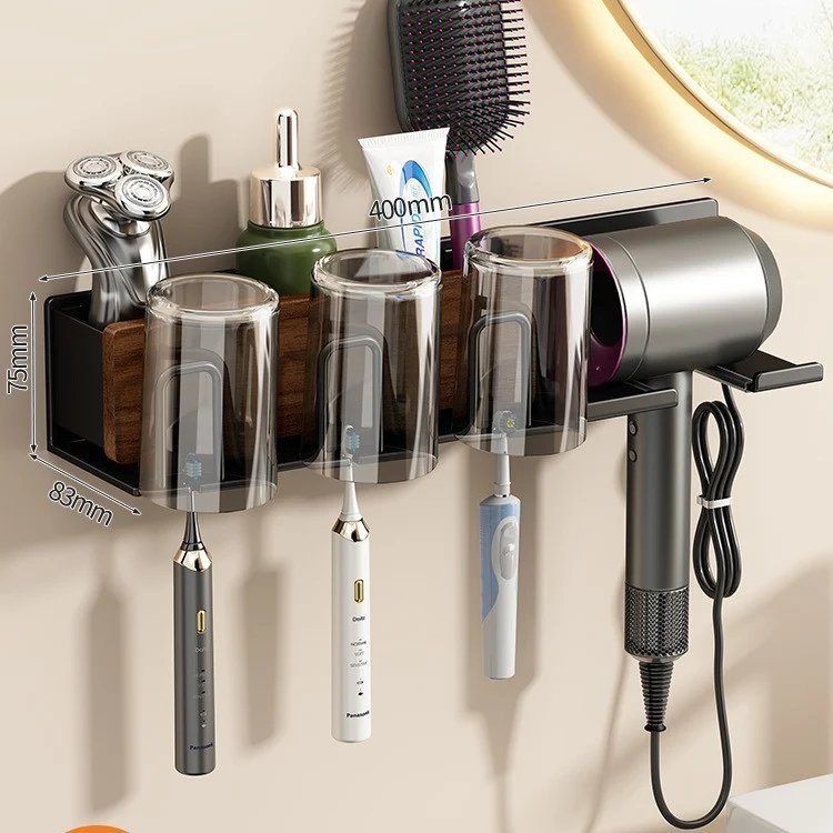 Toothbrush holder with hairdryer holder, wall-mounted
