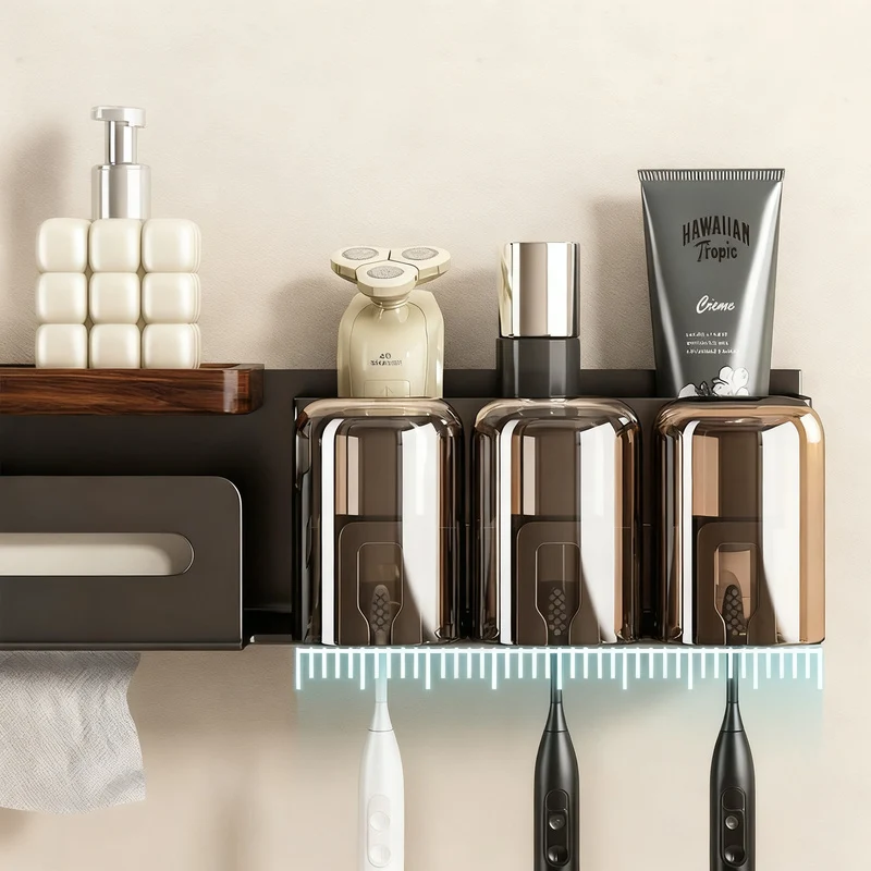 Toothbrush holder made of walnut wood, wall-mounted, no drilling