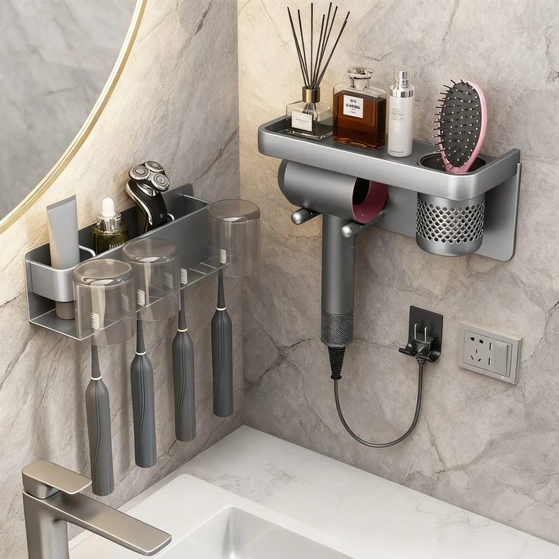 Toothbrush wall shelf with UV sterilization, gray