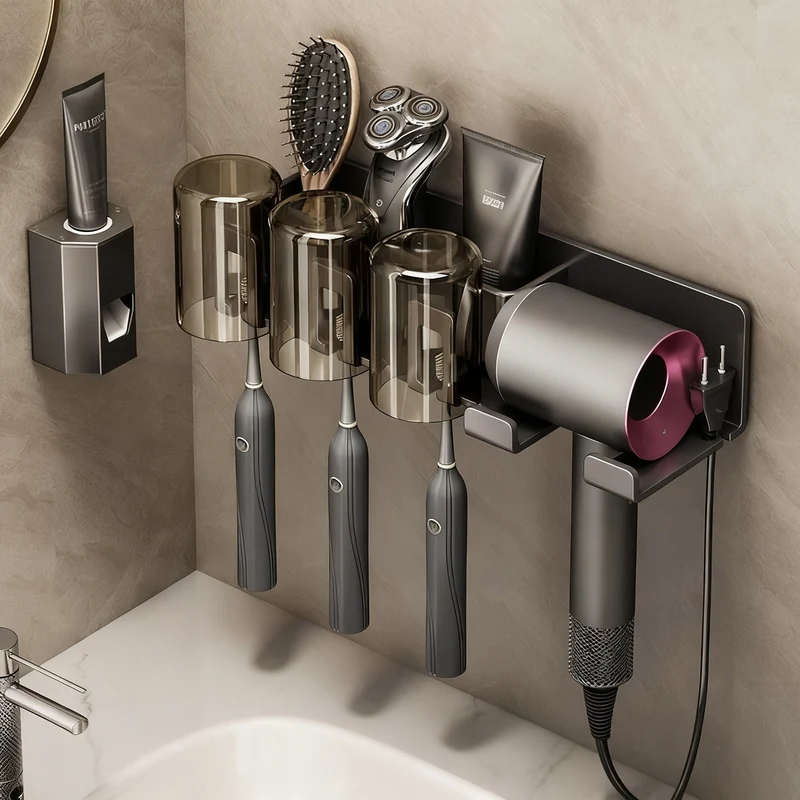 Toothbrush and hairdryer holder made of aluminum, suction cup