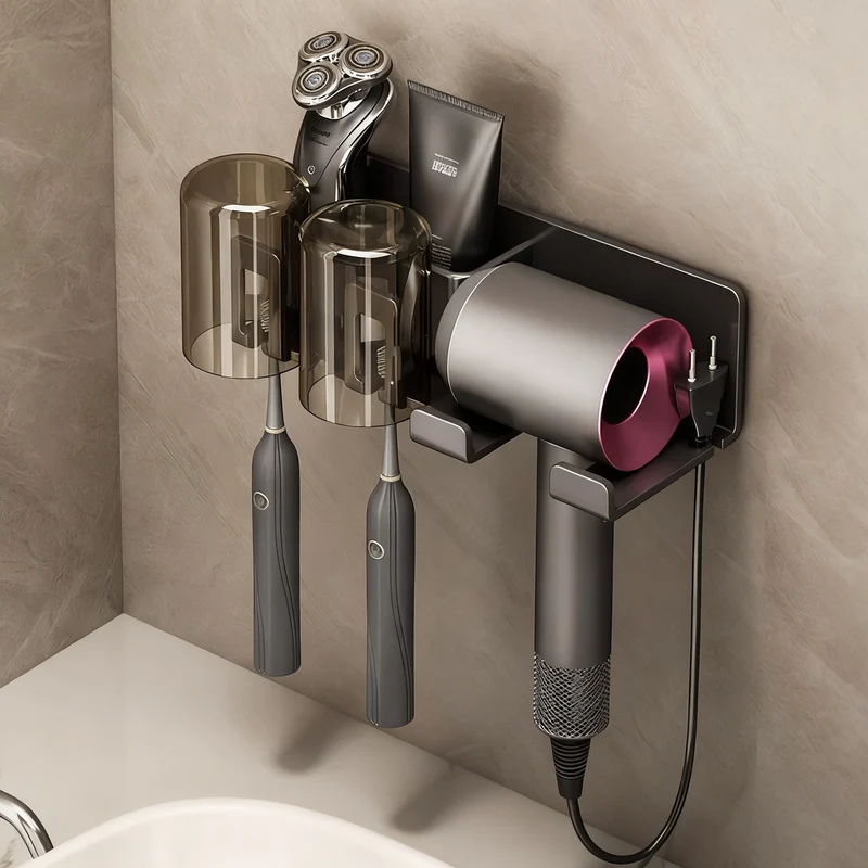 Toothbrush and hairdryer holder made of aluminum, suction cup