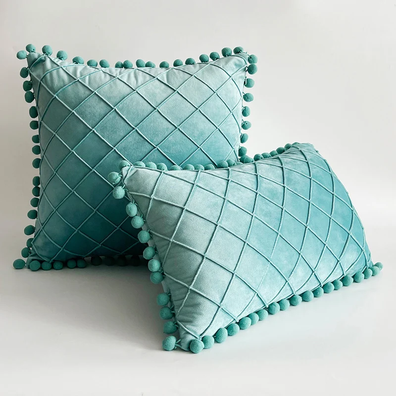 Decorative Velvet Pom-Pom Grid Tufted Throw Pillow Cover