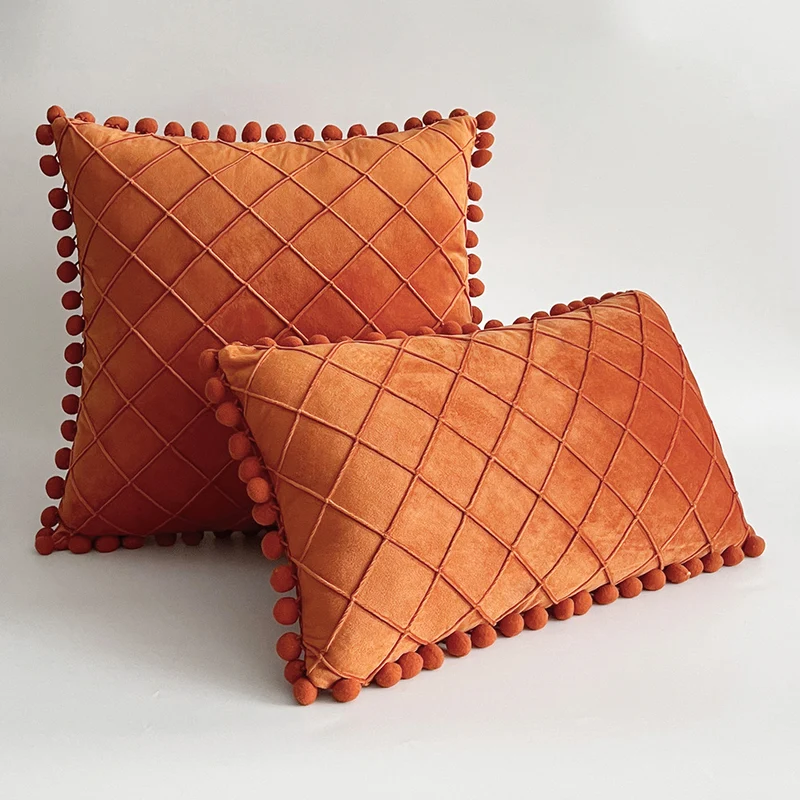 Decorative Velvet Pom-Pom Grid Tufted Throw Pillow Cover