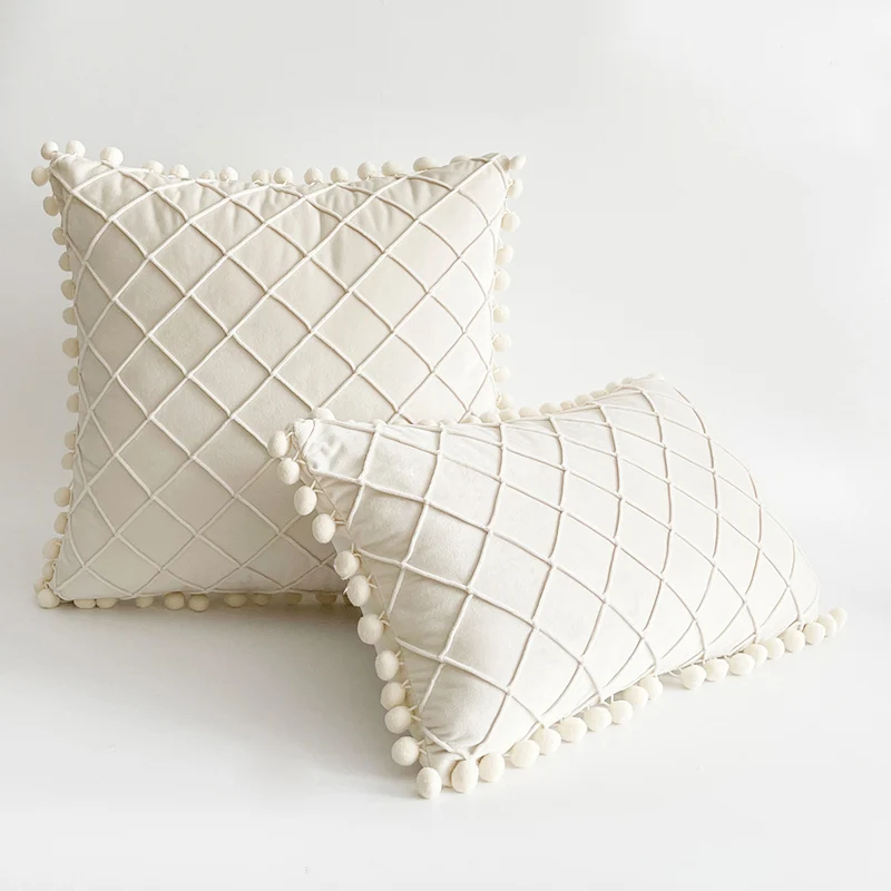 Decorative Velvet Pom-Pom Grid Tufted Throw Pillow Cover