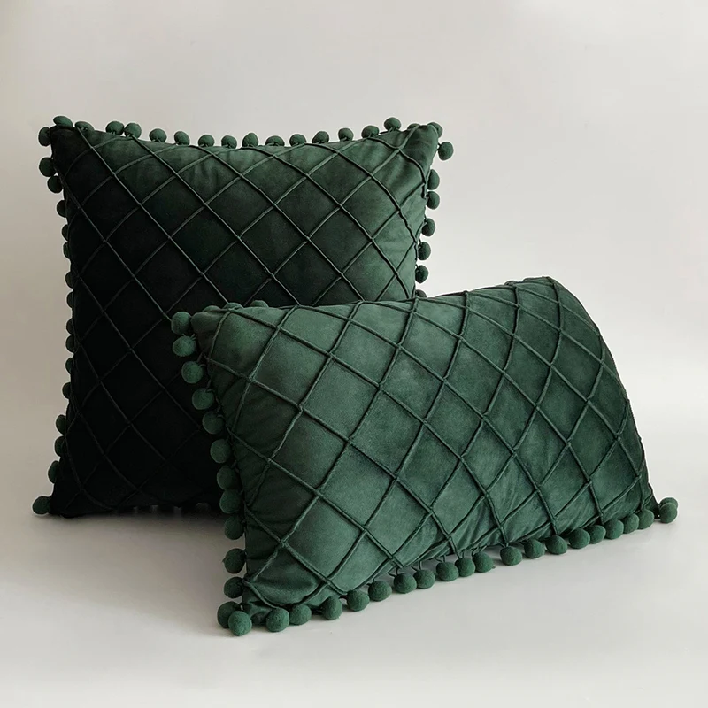 Decorative Velvet Pom-Pom Grid Tufted Throw Pillow Cover