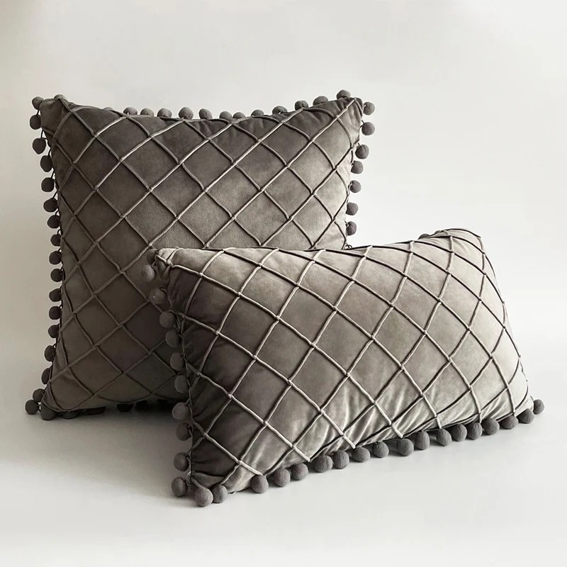 Decorative Velvet Pom-Pom Grid Tufted Throw Pillow Cover