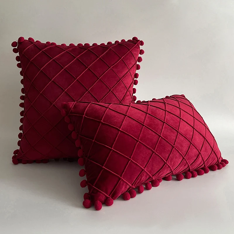 Decorative Velvet Pom-Pom Grid Tufted Throw Pillow Cover