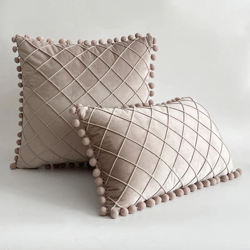 Decorative Velvet Pom-Pom Grid Tufted Throw Pillow Cover