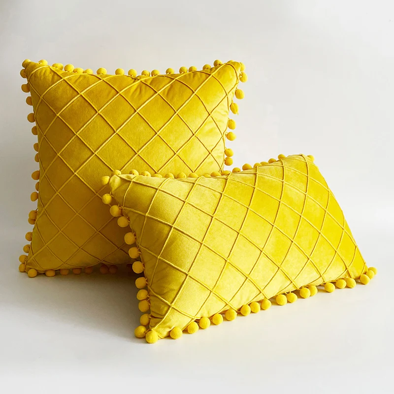 Decorative Velvet Pom-Pom Grid Tufted Throw Pillow Cover