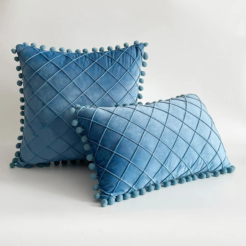 Decorative Velvet Pom-Pom Grid Tufted Throw Pillow Cover