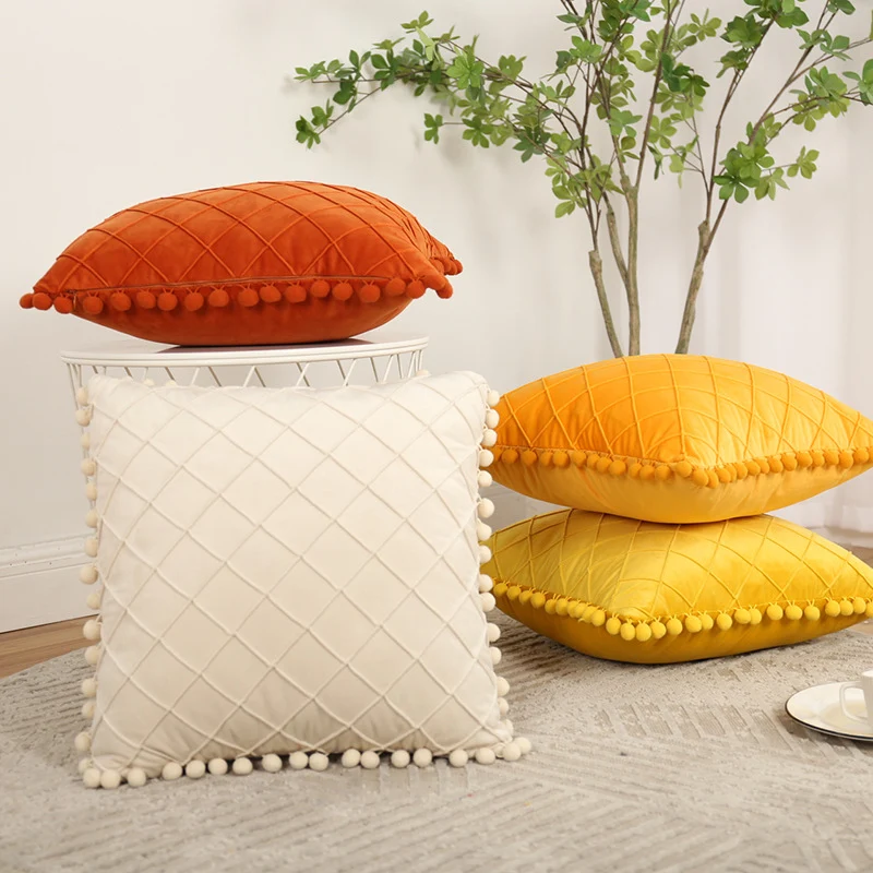 Decorative Velvet Pom-Pom Grid Tufted Throw Pillow Cover