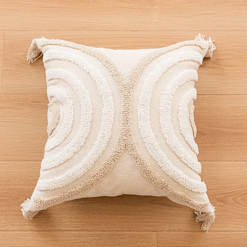 Decorative Tufted Concentric Circle Cotton Throw Pillow Cover with Corner Tassels and Hidden Zipper