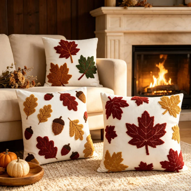 Decorative Tufted Chenille Autumn Leaf Throw Pillow Cover