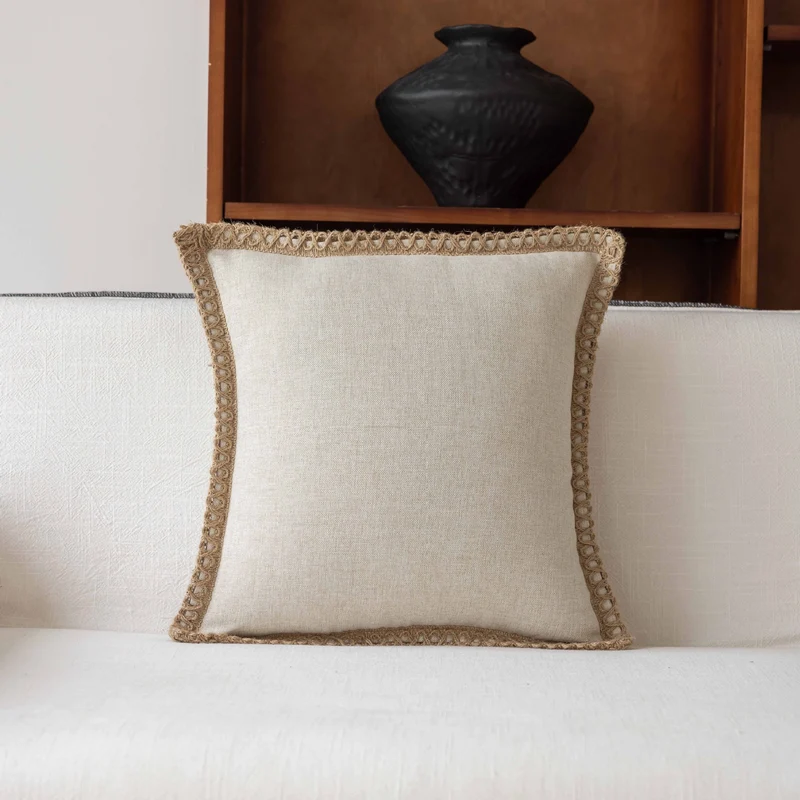 Decorative Throw Pillow with Natural Linen Cover and Handwoven Jute Trim