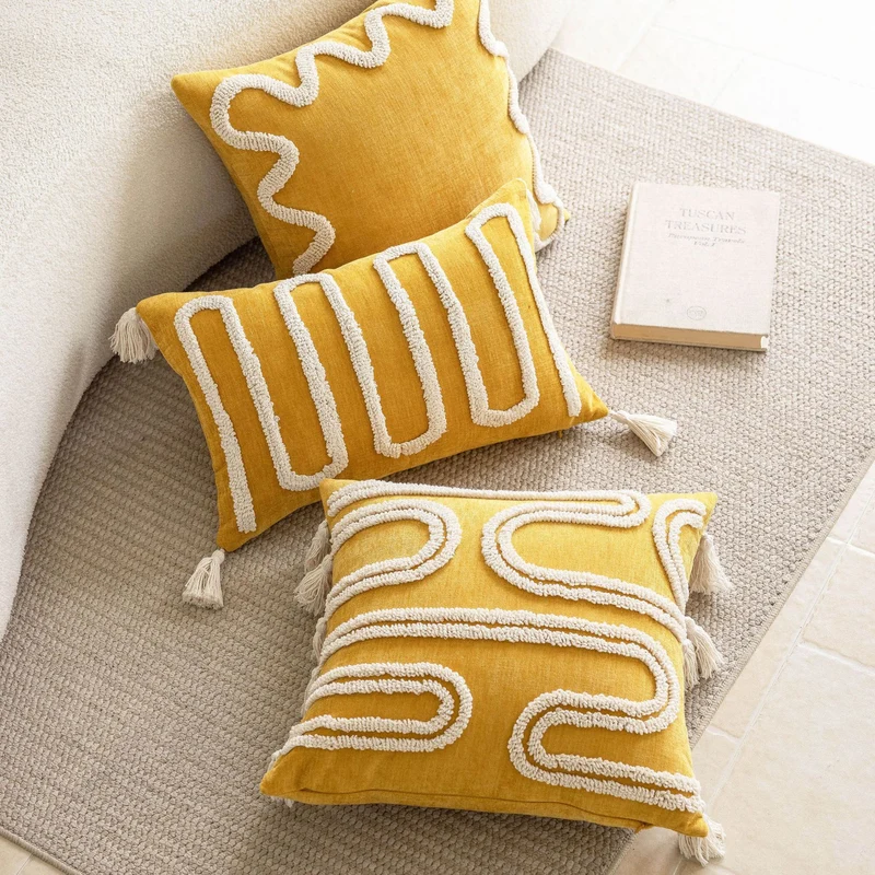 Decorative Textured Square Throw Pillow Cover with Wavy Chenille Loop Trim