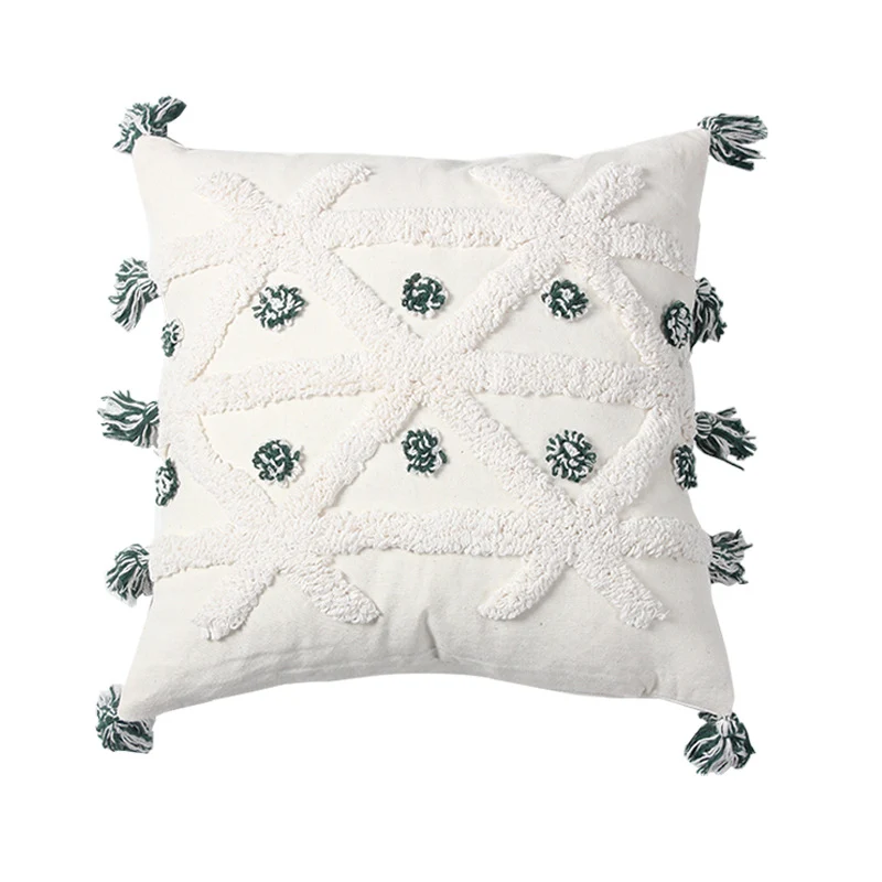 Decorative Textured Cotton Throw Pillow with Tassels and Tufted Geometric Pattern