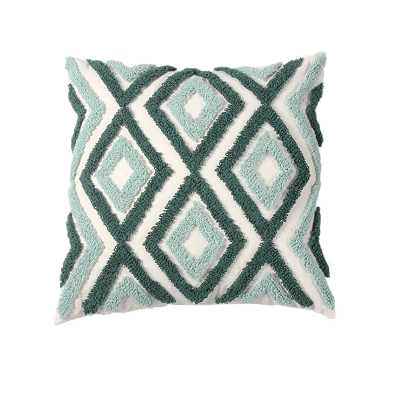 Decorative Textured Cotton Throw Pillow with Tassels and Tufted Geometric Pattern