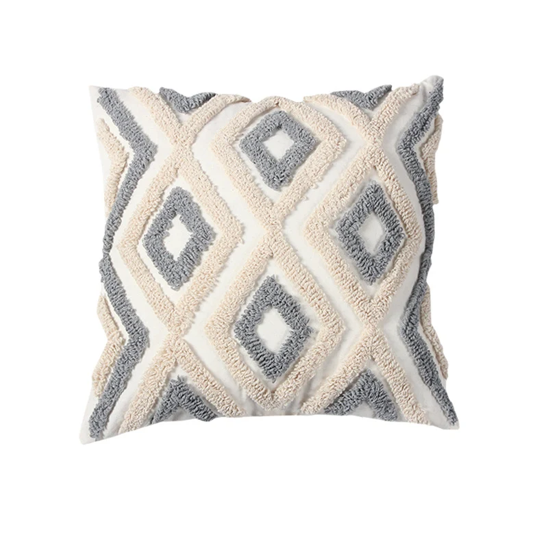Decorative Textured Cotton Throw Pillow with Tassels and Tufted Geometric Pattern