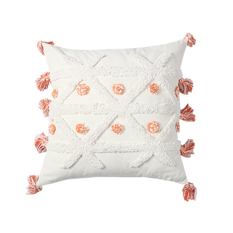 Decorative Textured Cotton Throw Pillow with Tassels and Tufted Geometric Pattern