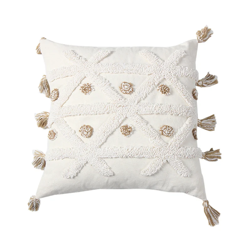 Decorative Textured Cotton Throw Pillow with Tassels and Tufted Geometric Pattern