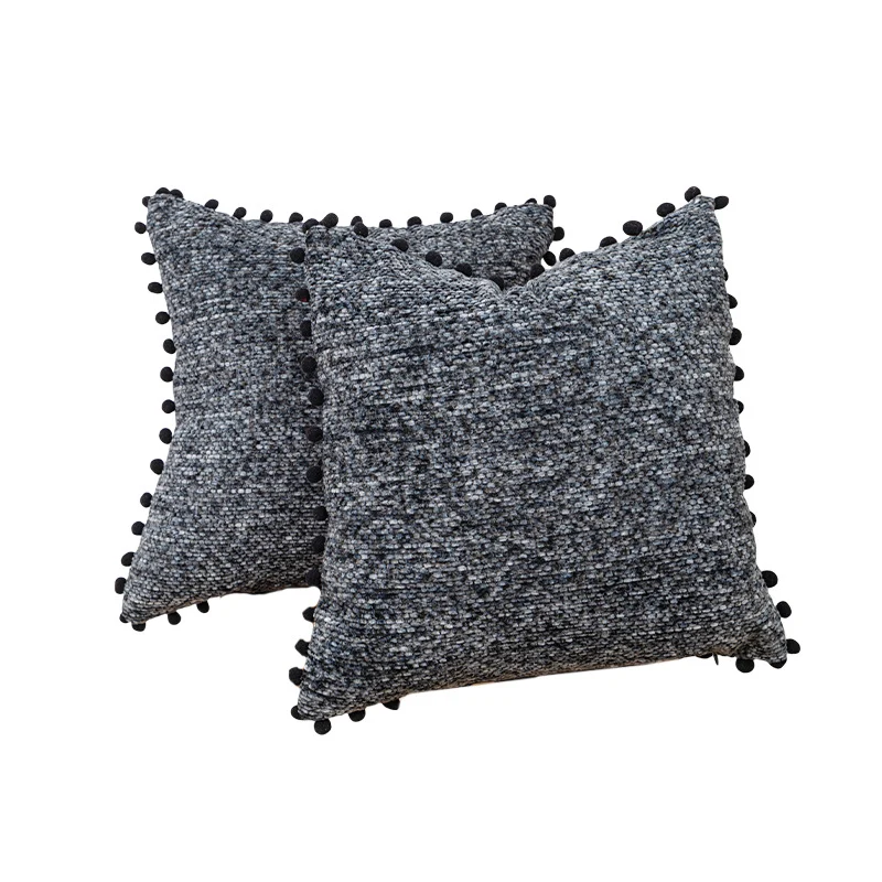 Decorative Textured Bouclé Throw Pillow Set with Pom-Pom Trim
