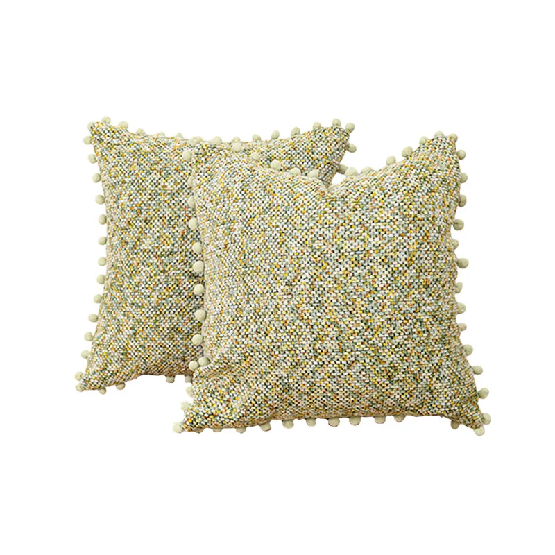 Decorative Textured Bouclé Throw Pillow Set with Pom-Pom Trim
