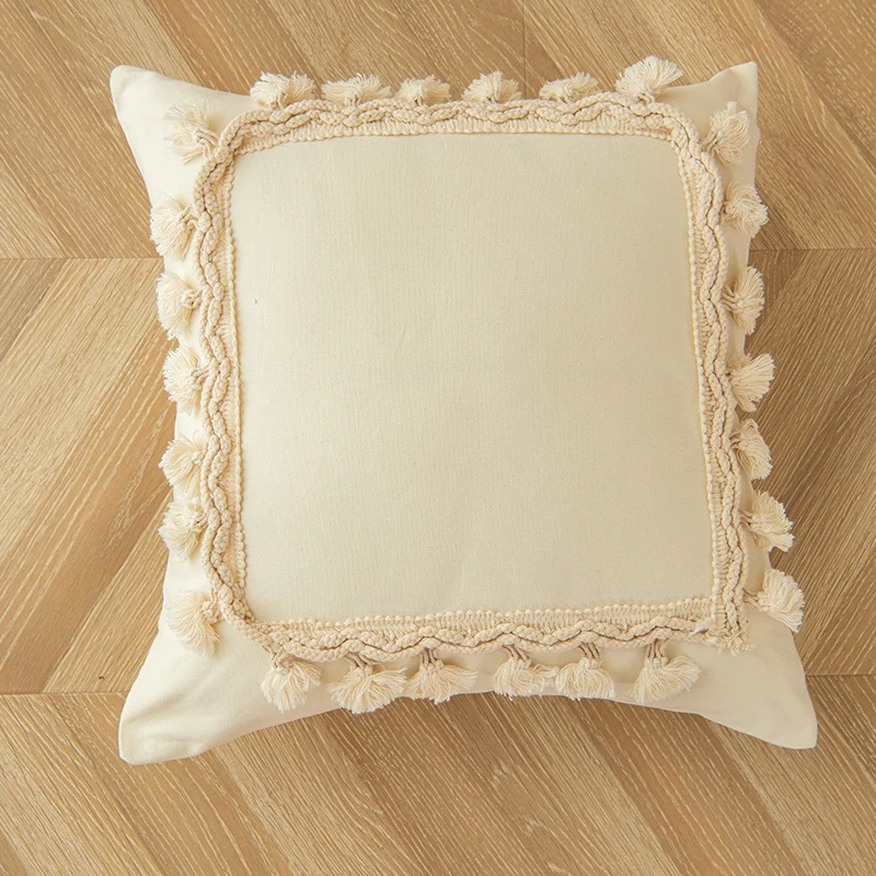Decorative Tassel-Trim Square Throw Pillow with Pom-Pom Rows and Braided Cotton Accents