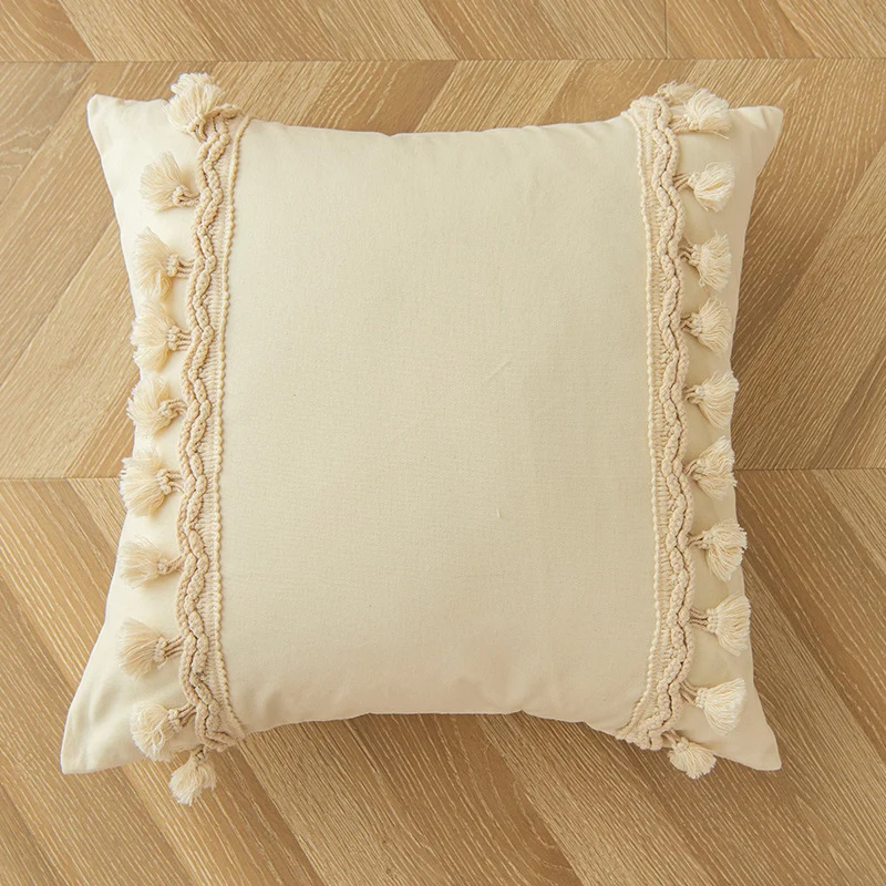 Decorative Tassel-Trim Square Throw Pillow with Pom-Pom Rows and Braided Cotton Accents
