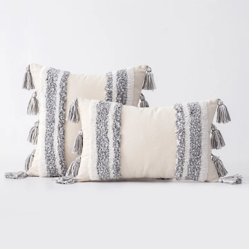 Decorative Tassel Embroidered Lumbar and Square Pillow Set