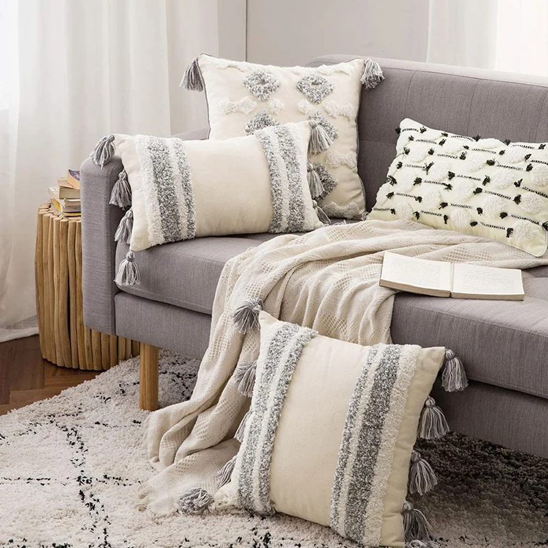 Decorative Tassel Embroidered Lumbar and Square Pillow Set