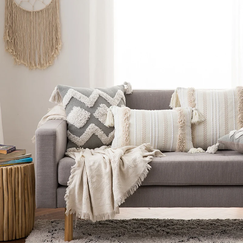 Decorative Tassel Embroidered Lumbar and Square Pillow Set
