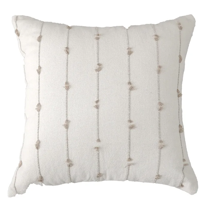 Decorative Square Cotton Throw Pillow with Vertical Knotted Tassel Stripes and Removable Insert