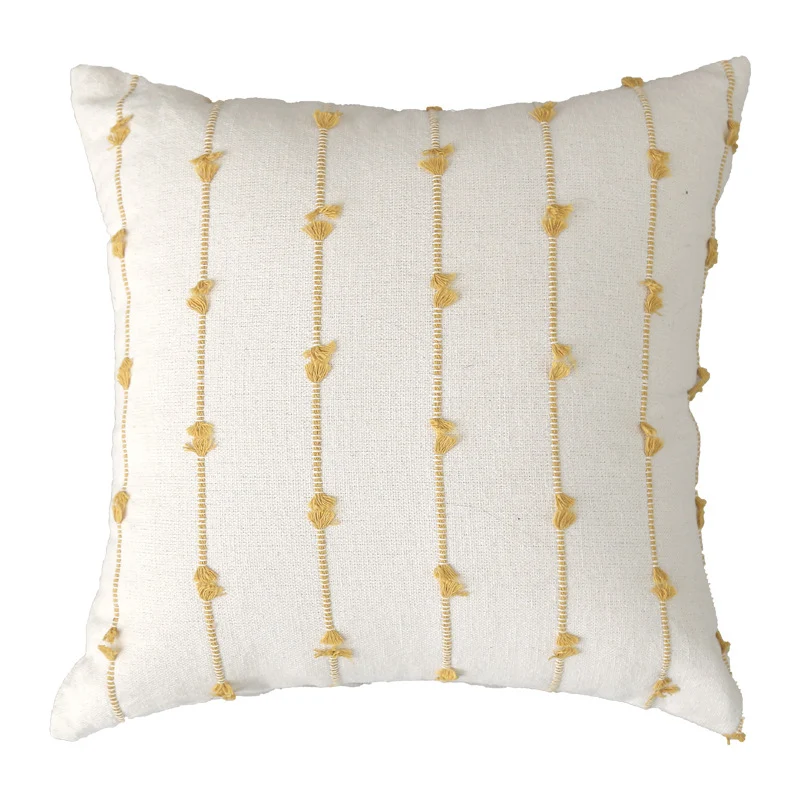 Decorative Square Cotton Throw Pillow with Vertical Knotted Tassel Stripes and Removable Insert