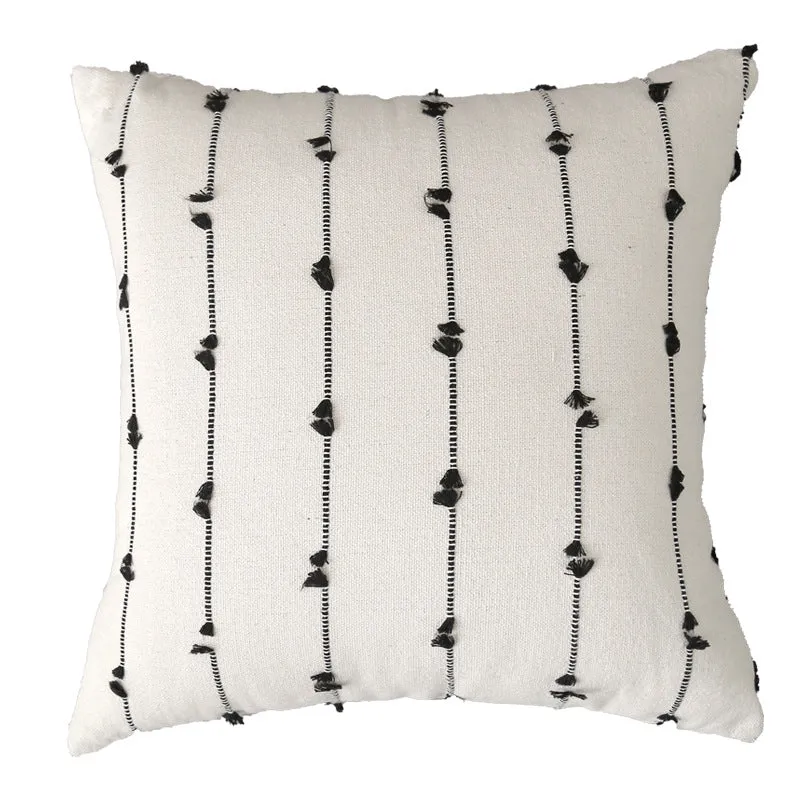 Decorative Square Cotton Throw Pillow with Vertical Knotted Tassel Stripes and Removable Insert