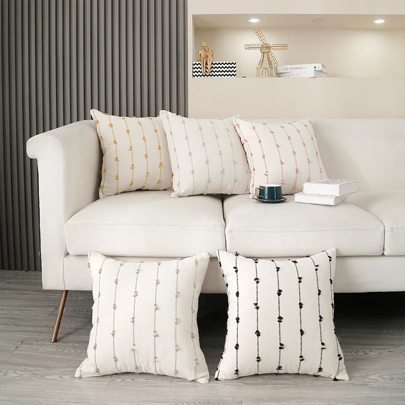 Decorative Square Cotton Throw Pillow with Vertical Knotted Tassel Stripes and Removable Insert