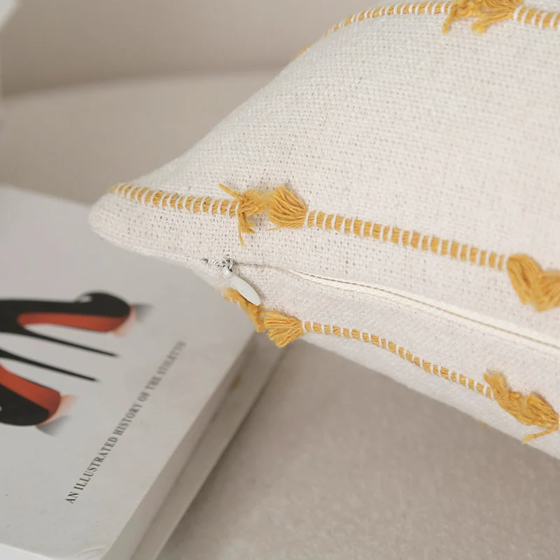 Decorative Square Cotton Throw Pillow with Vertical Knotted Tassel Stripes and Removable Insert