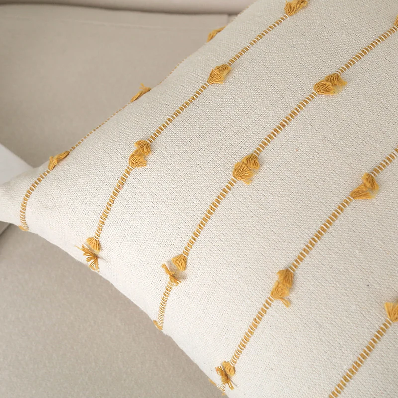 Decorative Square Cotton Throw Pillow with Vertical Knotted Tassel Stripes and Removable Insert