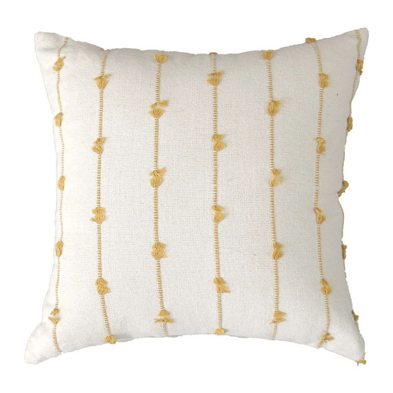 Decorative Square Cotton-Look Tufted Pillow Cover with Vertical Knot Trim and Concealed Zipper