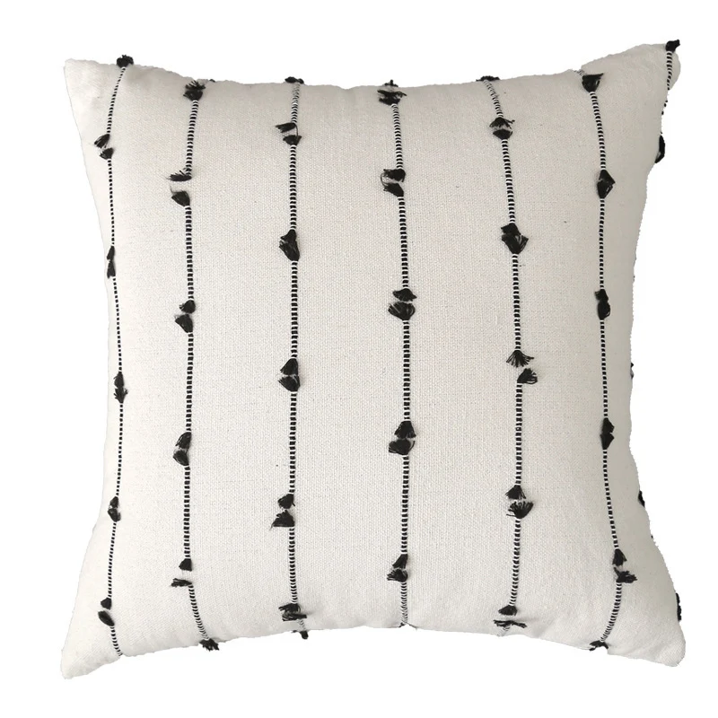 Decorative Square Cotton-Look Tufted Pillow Cover with Vertical Knot Trim and Concealed Zipper