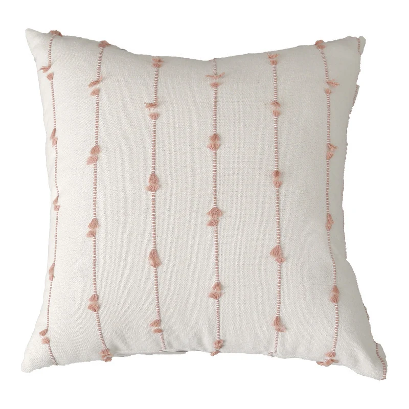 Decorative Square Cotton-Look Tufted Pillow Cover with Vertical Knot Trim and Concealed Zipper