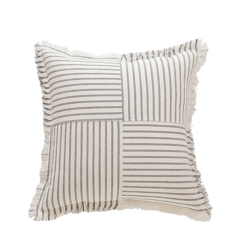 Decorative Rectangular Striped Patchwork Throw Pillow with Fringed Edges