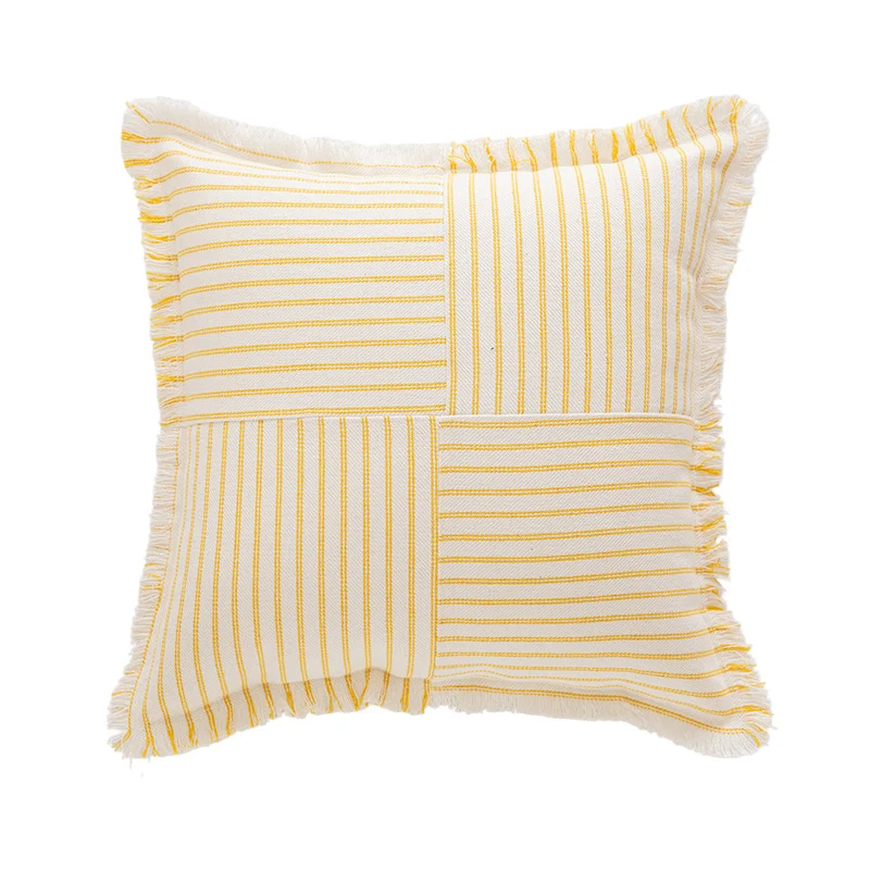 Decorative Rectangular Striped Patchwork Throw Pillow with Fringed Edges