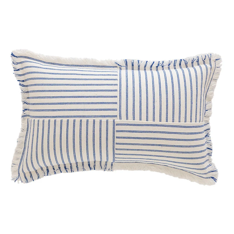 Decorative Rectangular Striped Patchwork Throw Pillow with Fringed Edges