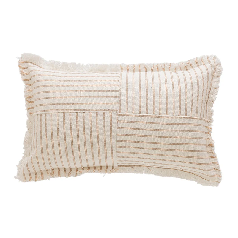 Decorative Rectangular Striped Patchwork Throw Pillow with Fringed Edges