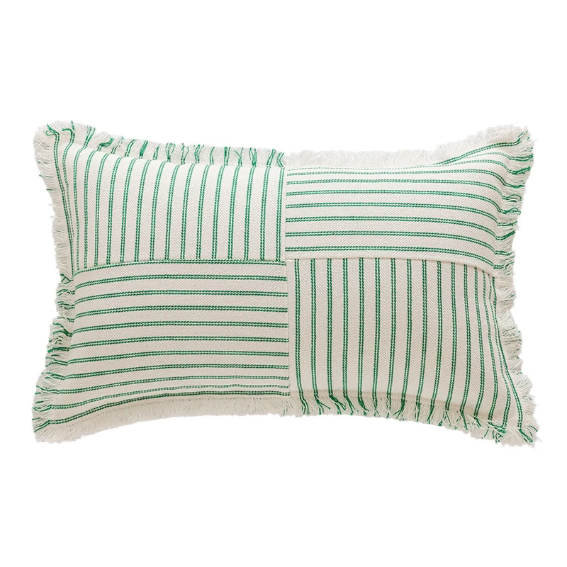 Decorative Rectangular Striped Patchwork Throw Pillow with Fringed Edges