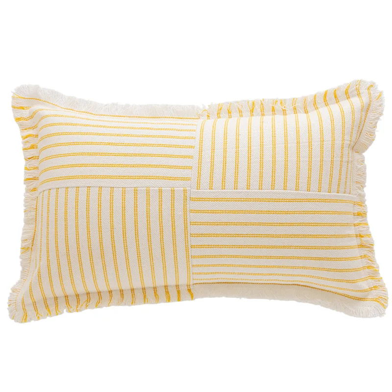Decorative Rectangular Striped Patchwork Throw Pillow with Fringed Edges